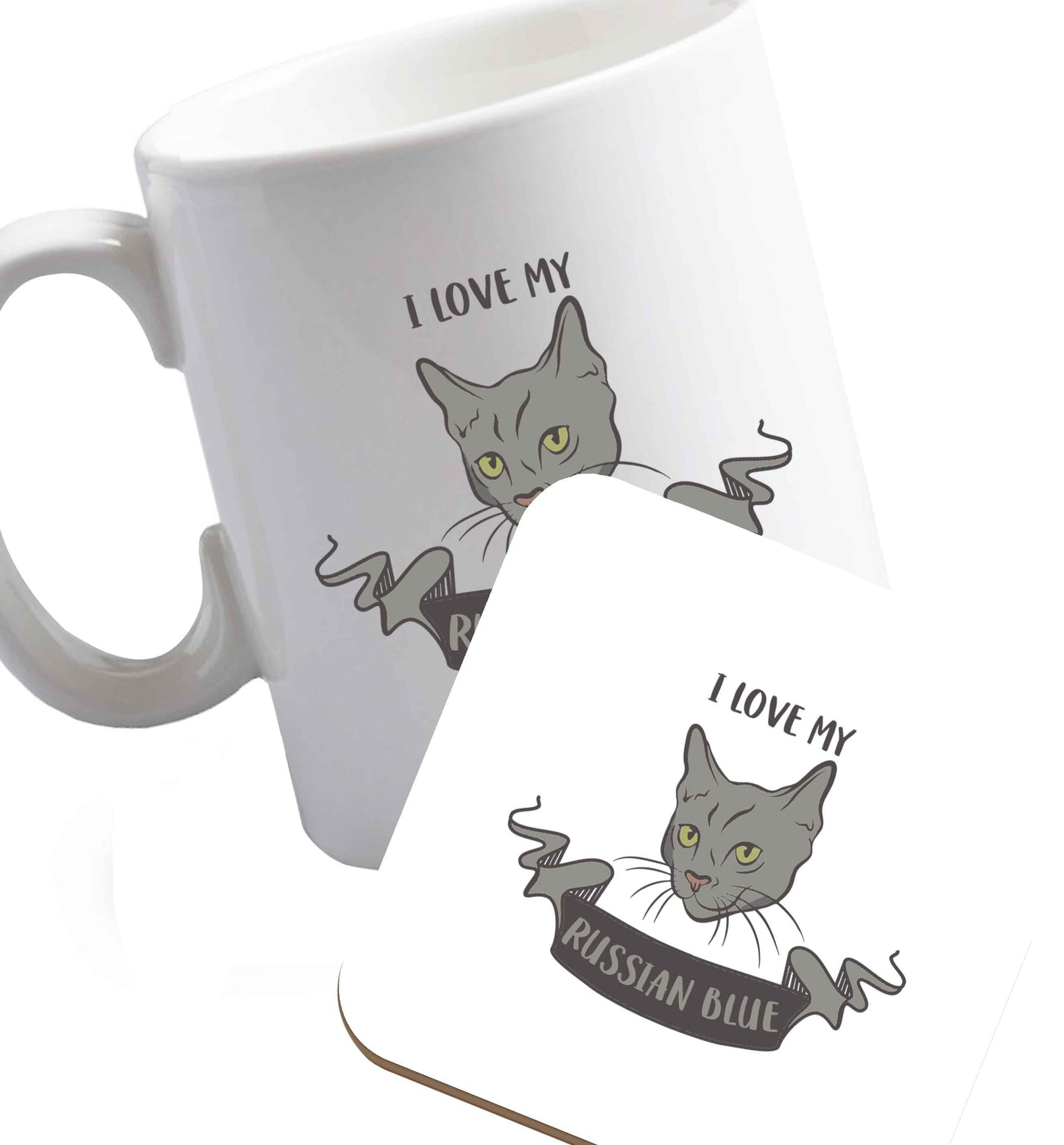 10 oz I love my russian blue ceramic mug and coaster set right handed
