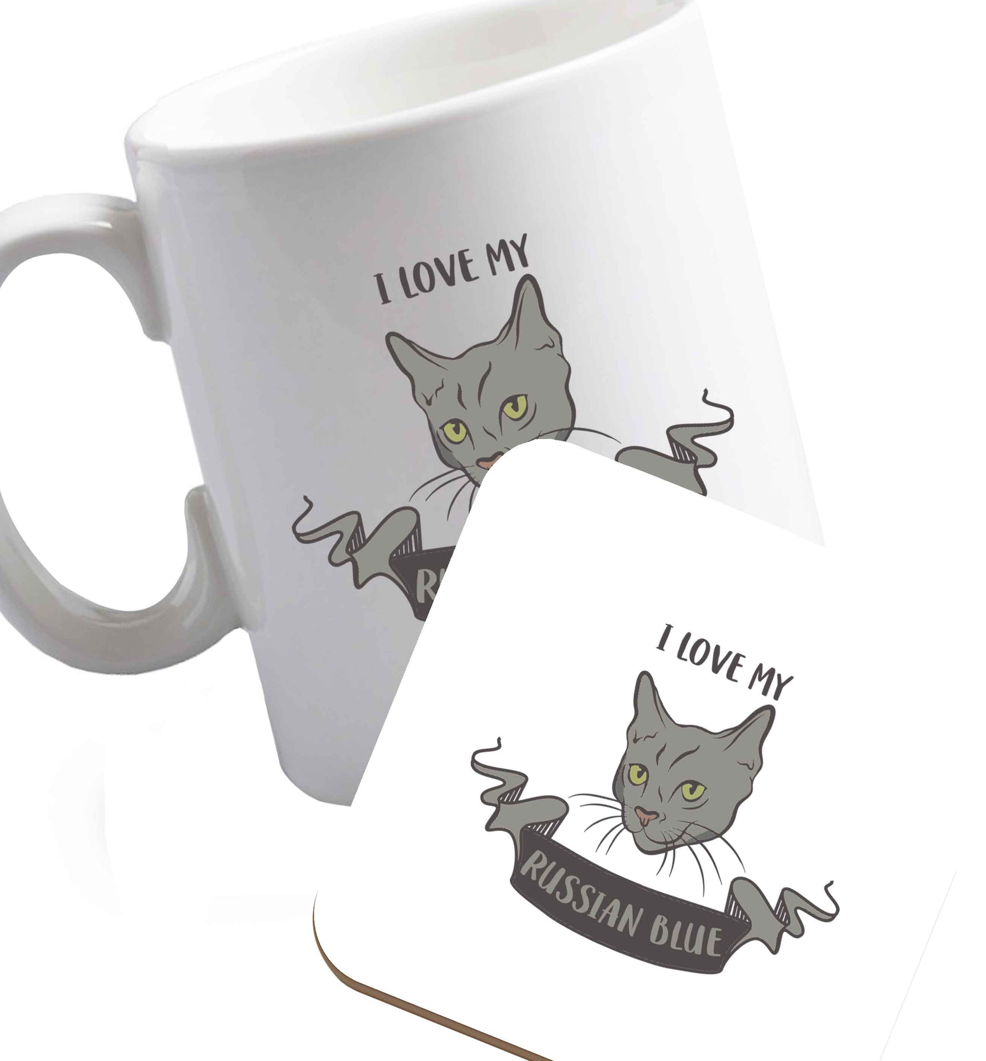 10 oz I love my russian blue ceramic mug and coaster set right handed