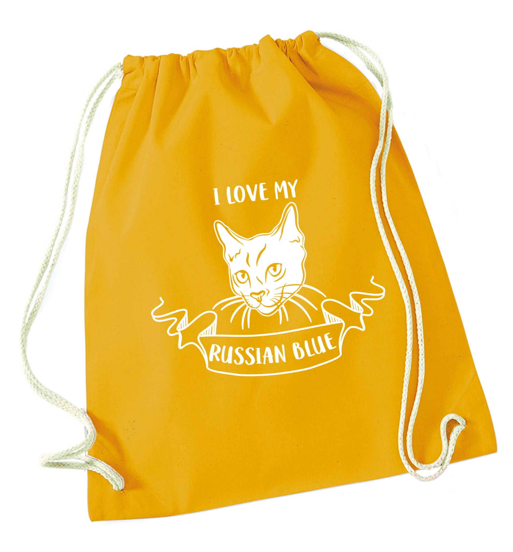 I love my russian blue mustard drawstring bag