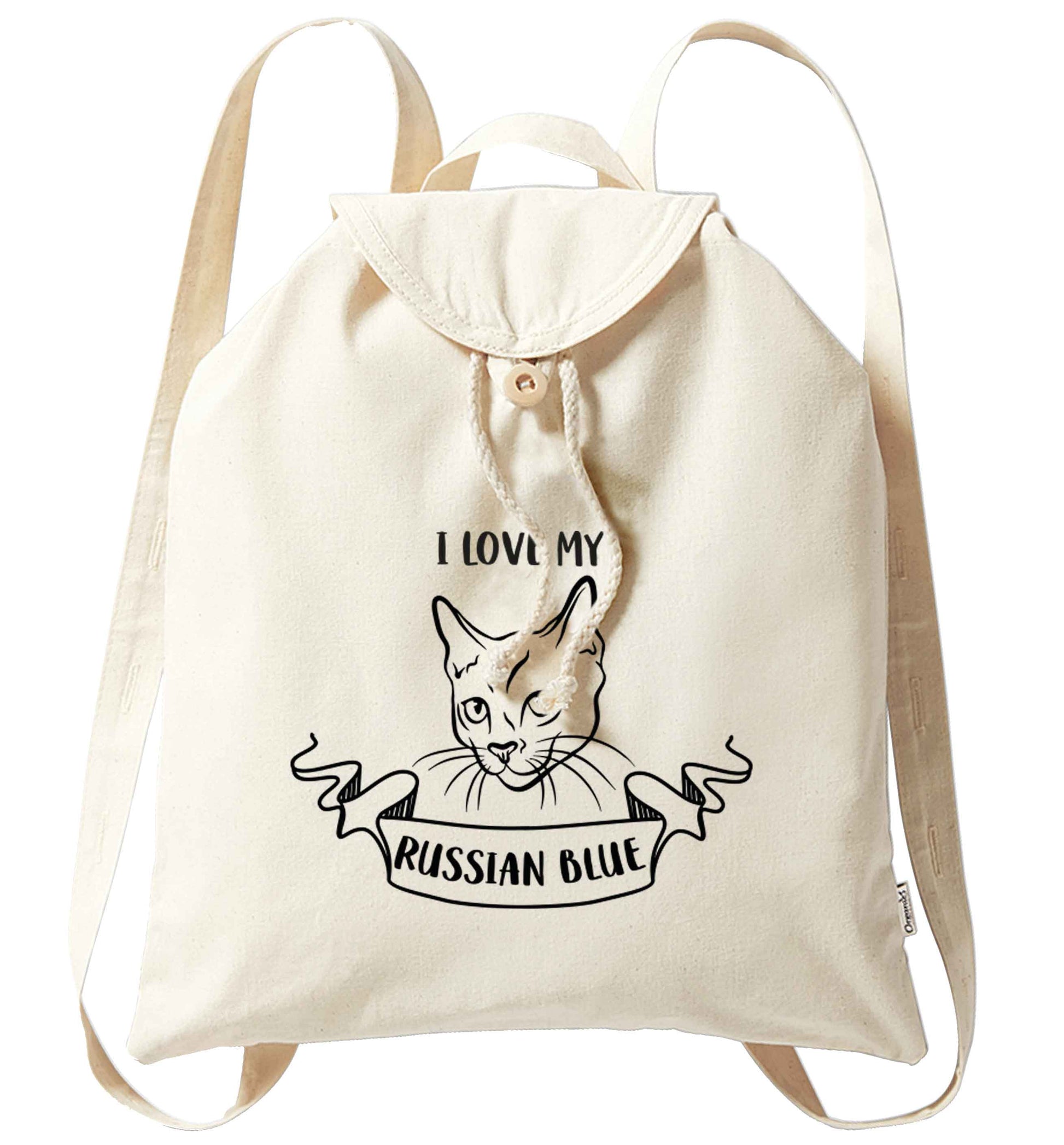 I love my russian blue organic cotton backpack tote with wooden buttons in natural