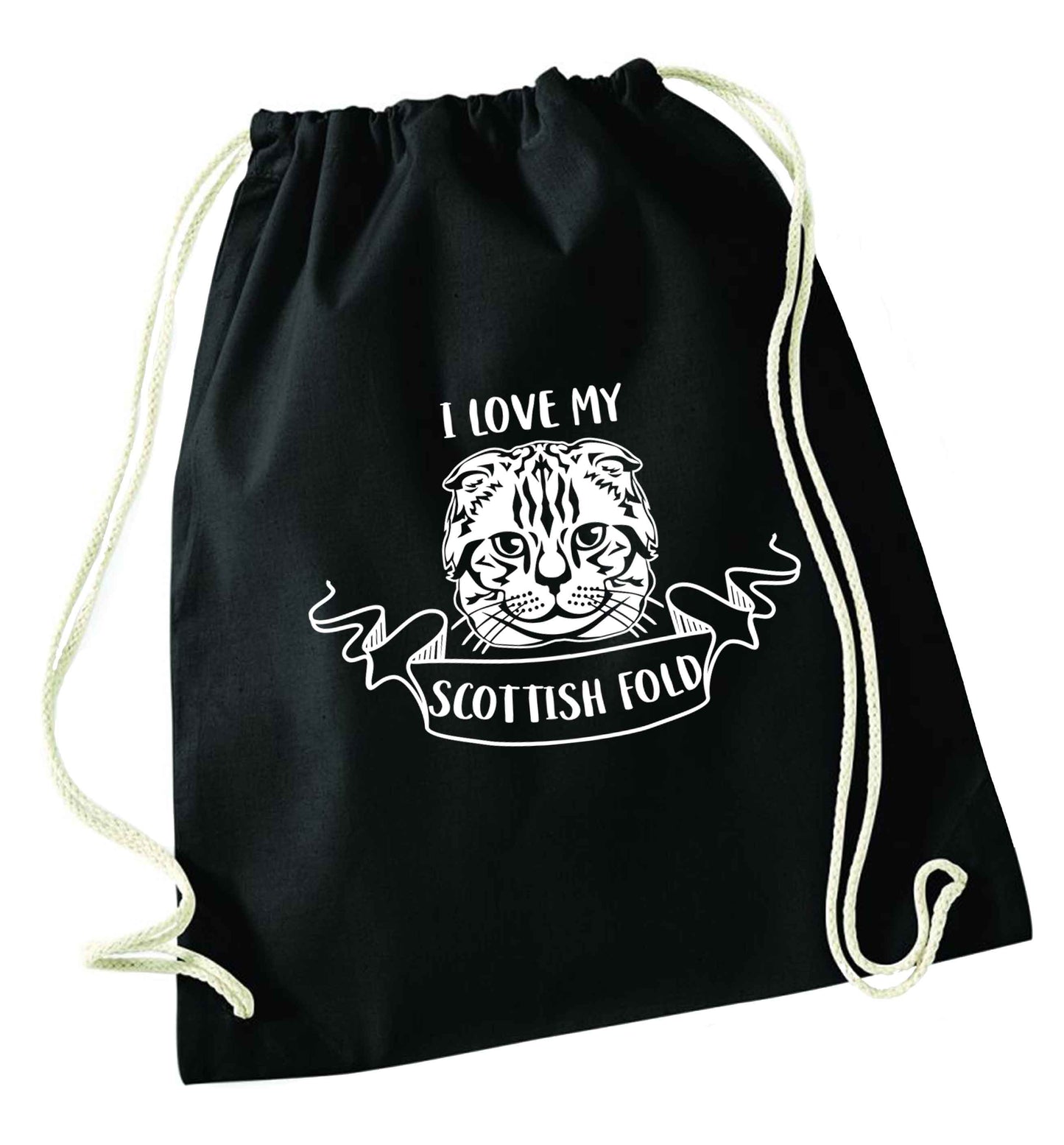 I love my scottish fold cat black drawstring bag