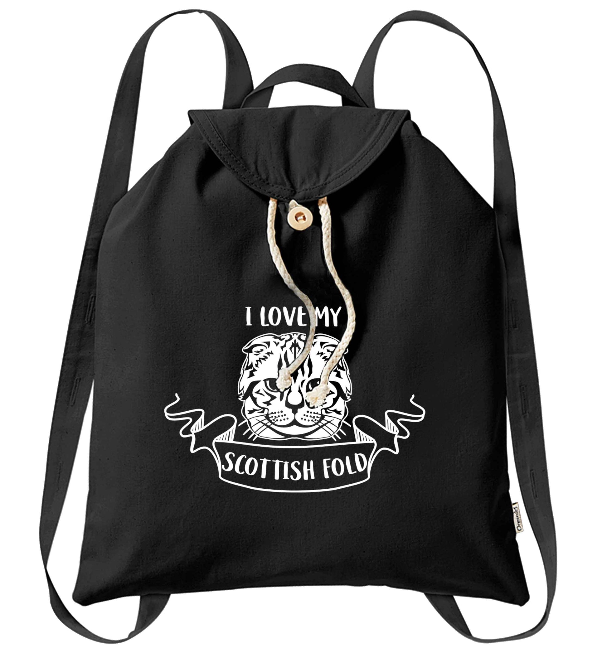 I love my scottish fold cat organic cotton backpack tote with wooden buttons in black