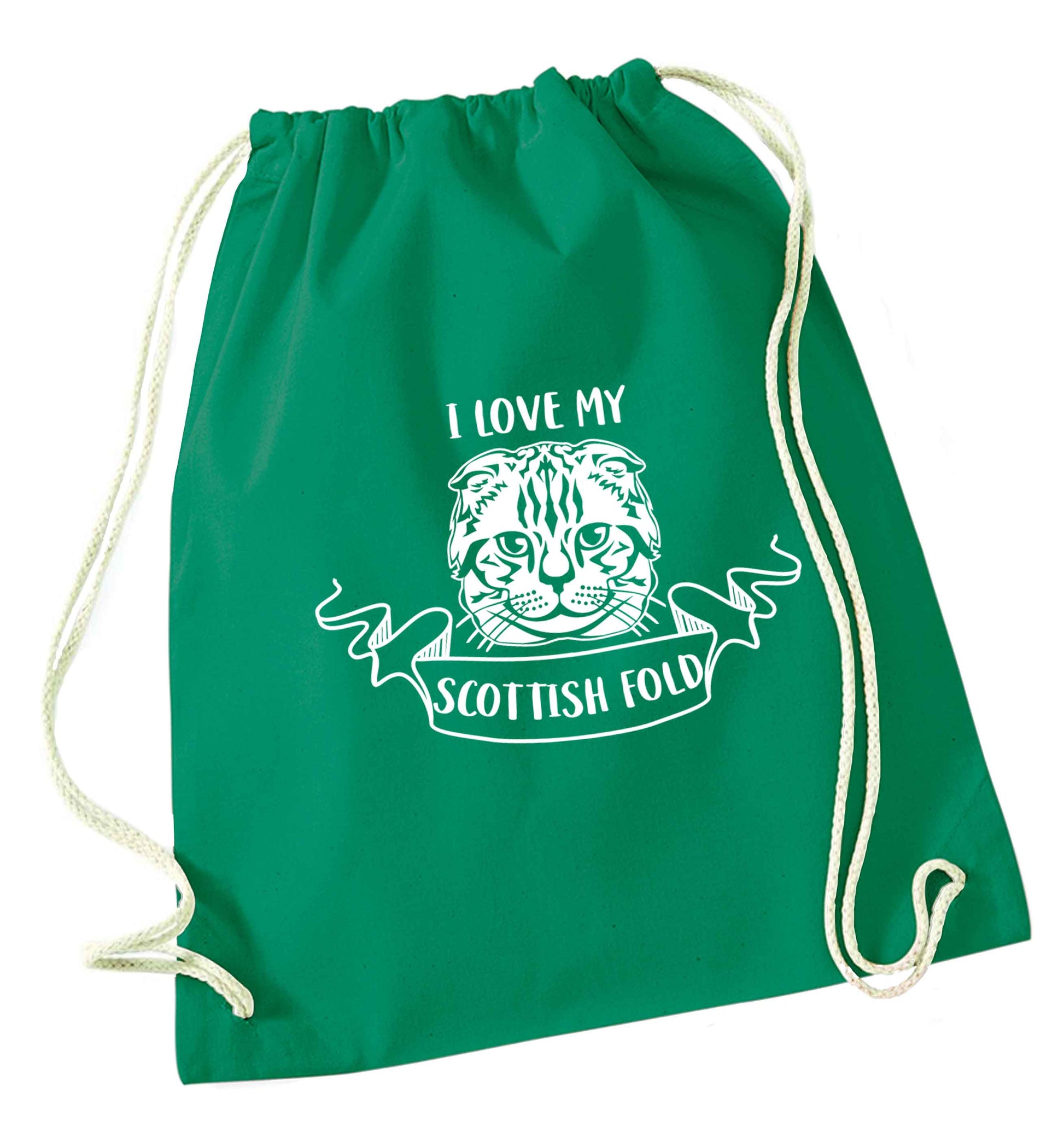 I love my scottish fold cat green drawstring bag