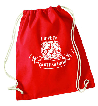 I love my scottish fold cat red drawstring bag 