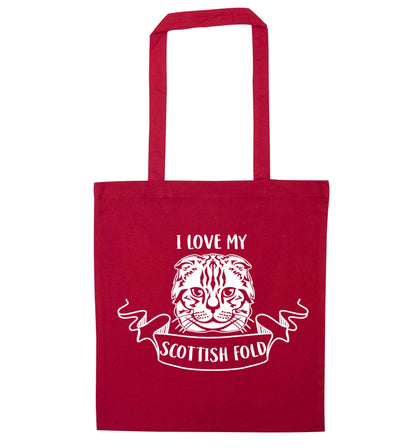 I love my scottish fold cat red tote bag