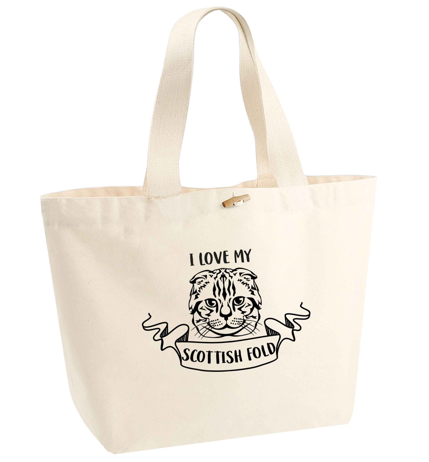I love my scottish fold cat organic cotton premium tote bag with wooden toggle in natural