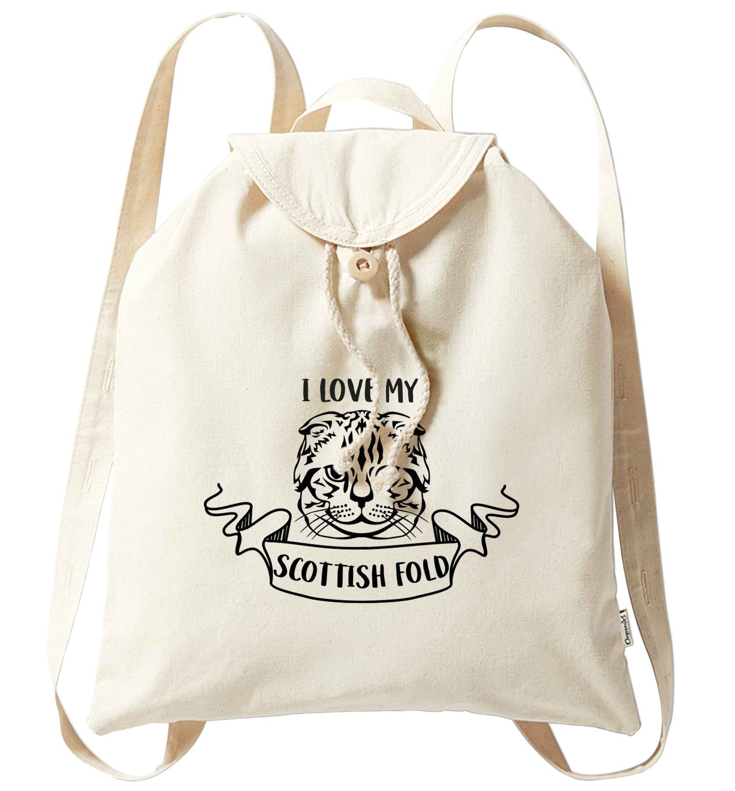 I love my scottish fold cat organic cotton backpack tote with wooden buttons in natural