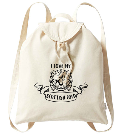 I love my scottish fold cat organic cotton backpack tote with wooden buttons in natural