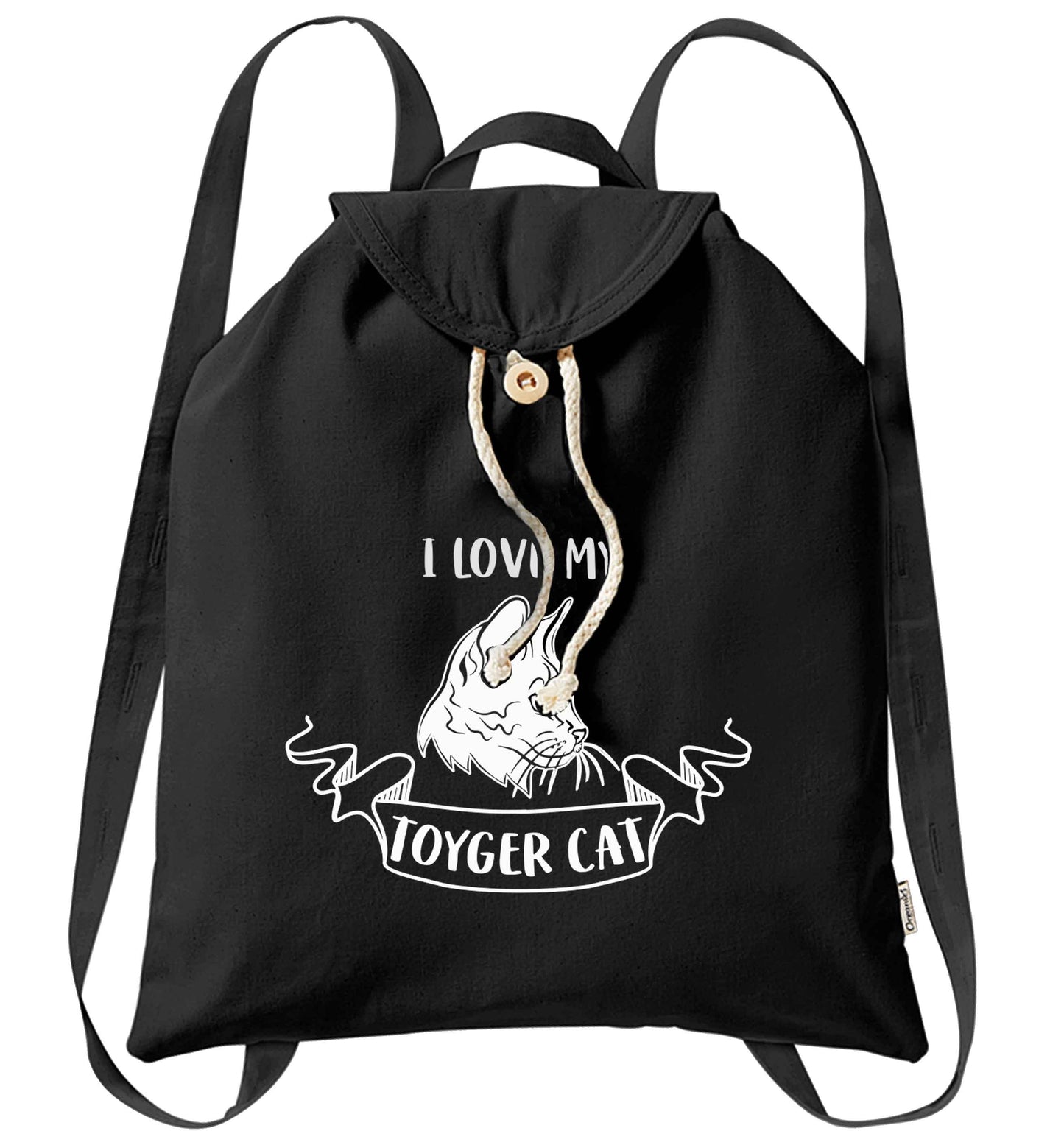 I love my toyger cat organic cotton backpack tote with wooden buttons in black