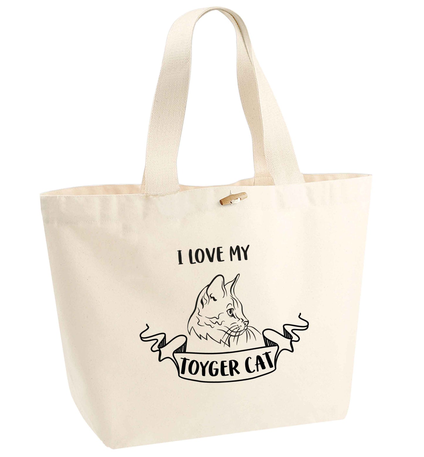 I love my toyger cat organic cotton premium tote bag with wooden toggle in natural