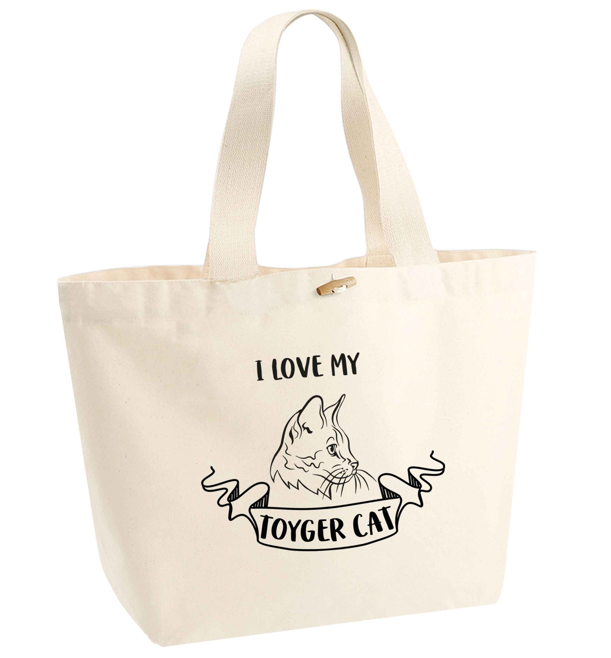 I love my toyger cat organic cotton premium tote bag with wooden toggle in natural