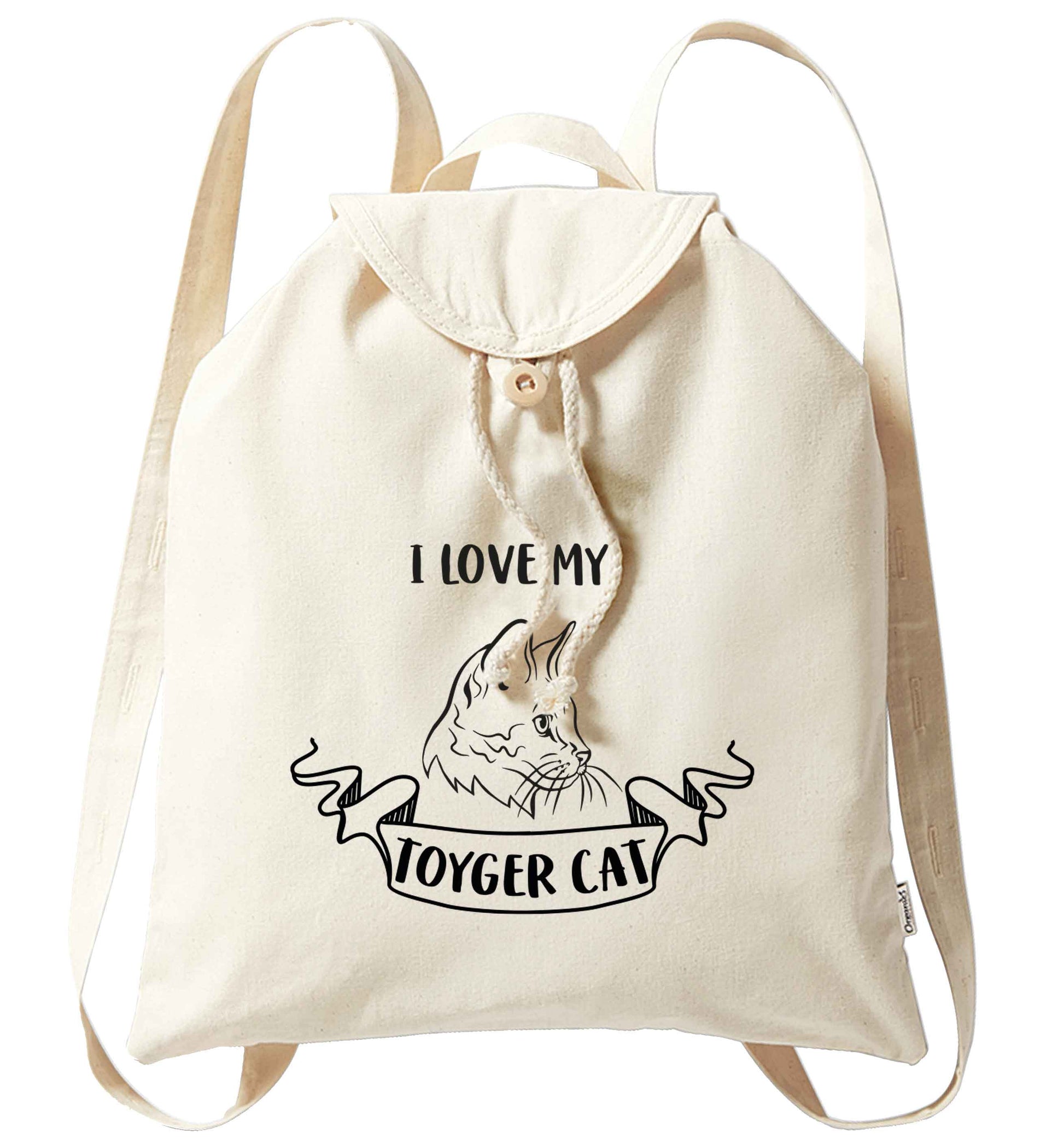 I love my toyger cat organic cotton backpack tote with wooden buttons in natural