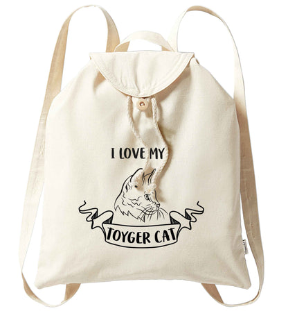 I love my toyger cat organic cotton backpack tote with wooden buttons in natural