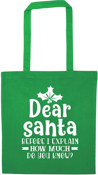 Santa before I explain how much do you know? green tote bag