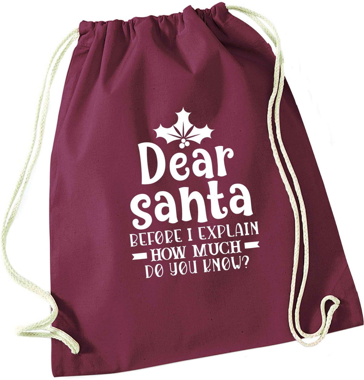 Santa before I explain how much do you know? maroon drawstring bag