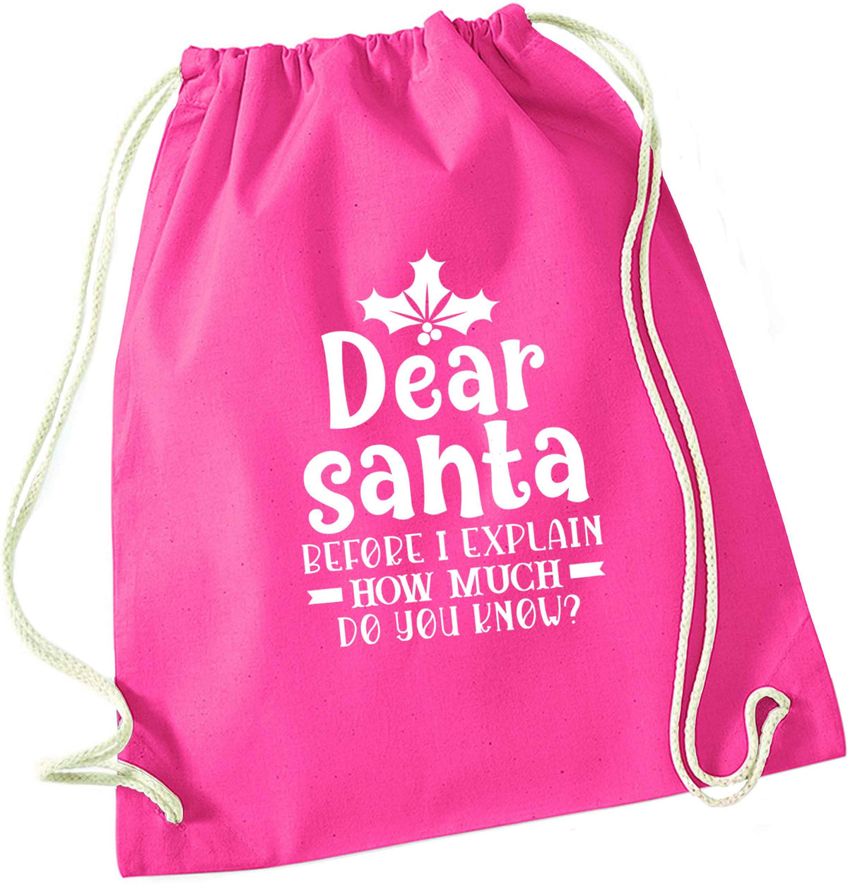 Santa before I explain how much do you know? pink drawstring bag