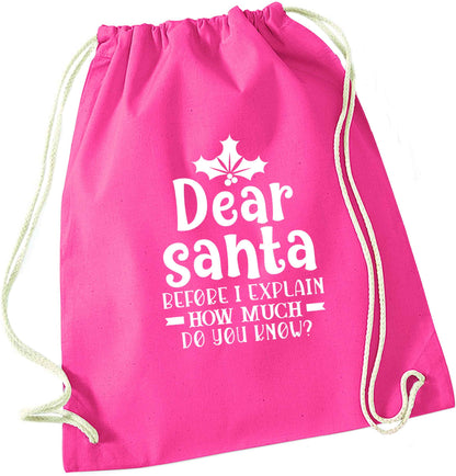 Santa before I explain how much do you know? pink drawstring bag
