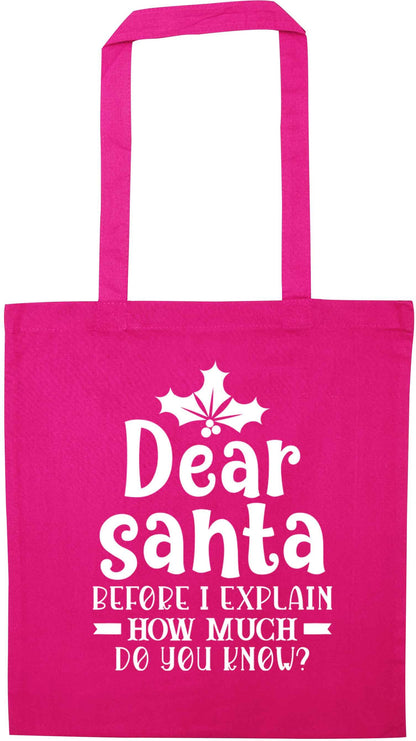 Santa before I explain how much do you know? pink tote bag