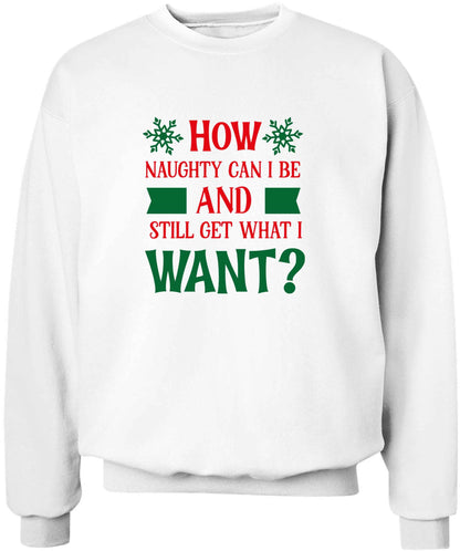 How naughty can I be and still get what I want? adult's unisex white sweater 2XL