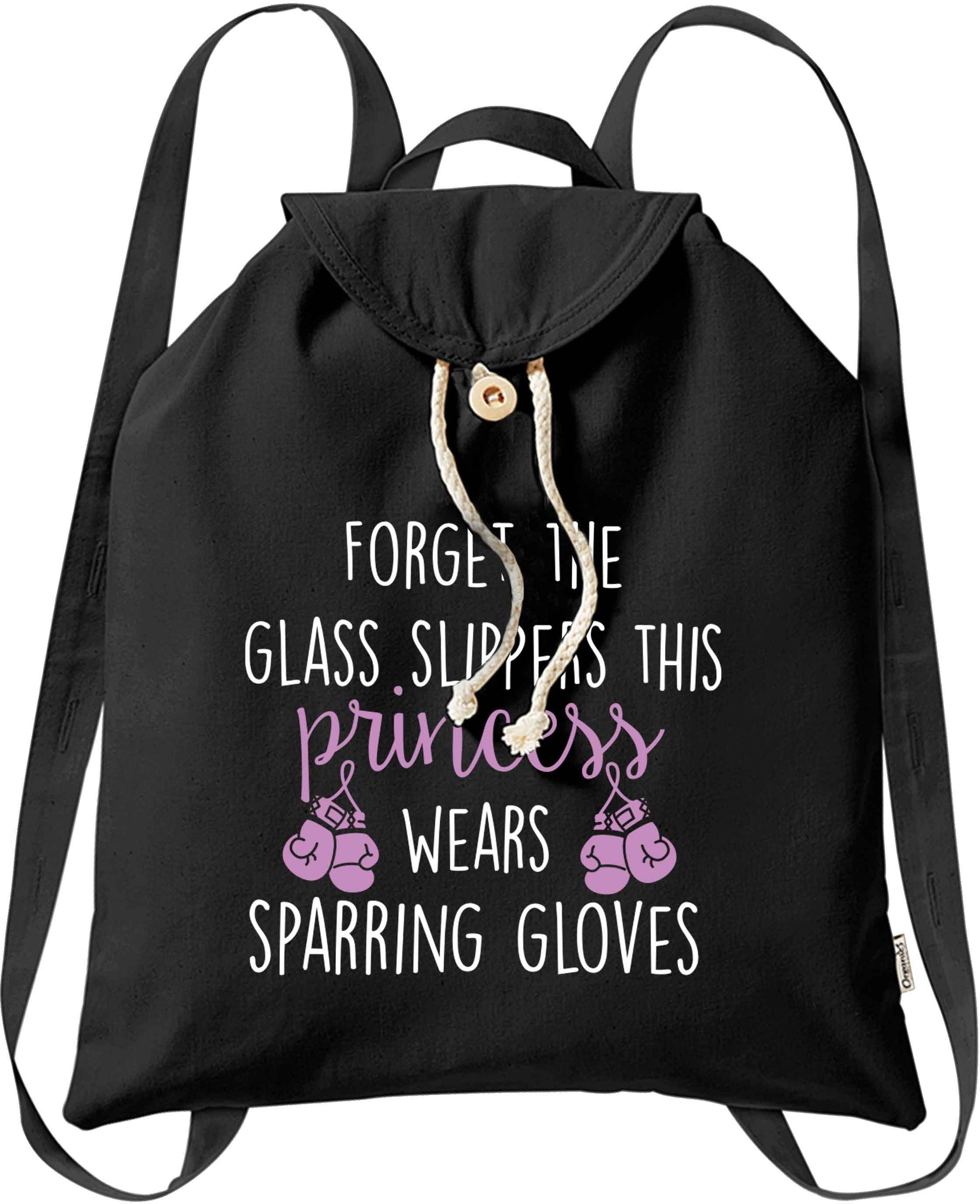 Forget the glass slippers this princess wears sparring gloves organic cotton backpack tote with wooden buttons in black
