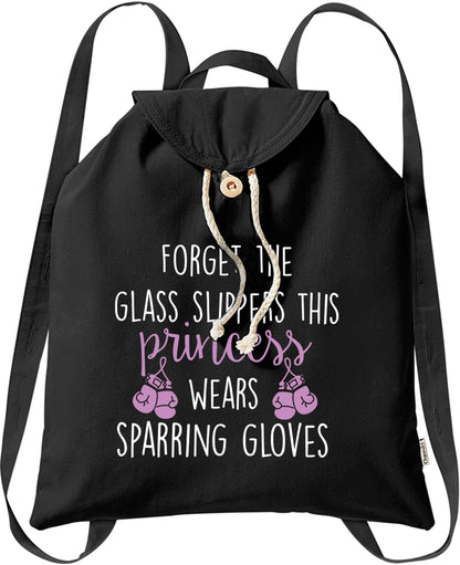 Forget the glass slippers this princess wears sparring gloves organic cotton backpack tote with wooden buttons in black
