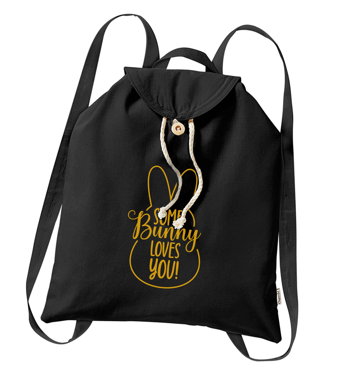 Some bunny loves you organic cotton backpack tote with wooden buttons in black