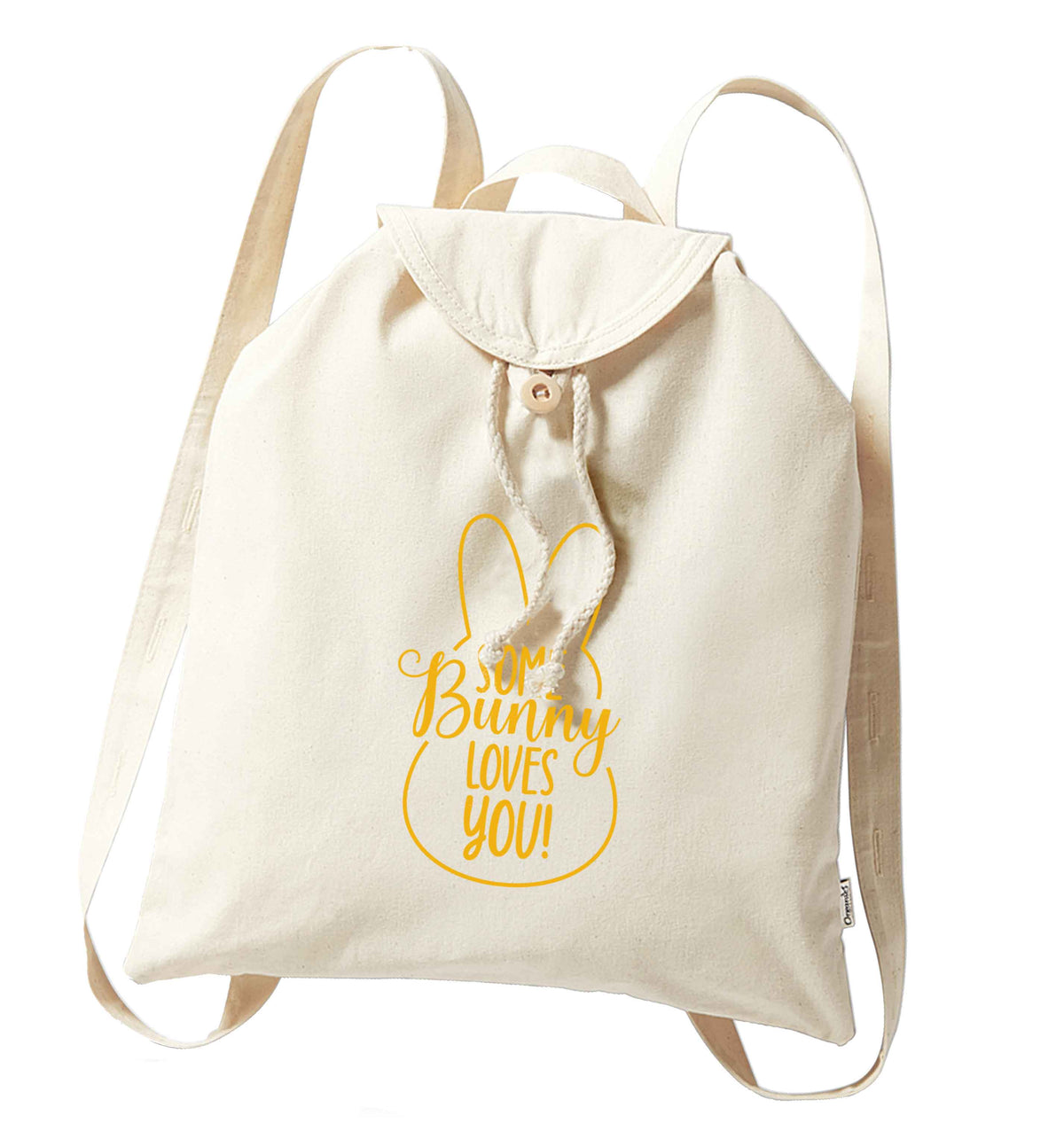 Some bunny loves you organic cotton backpack tote with wooden buttons in natural