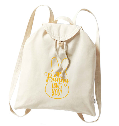 Some bunny loves you organic cotton backpack tote with wooden buttons in natural