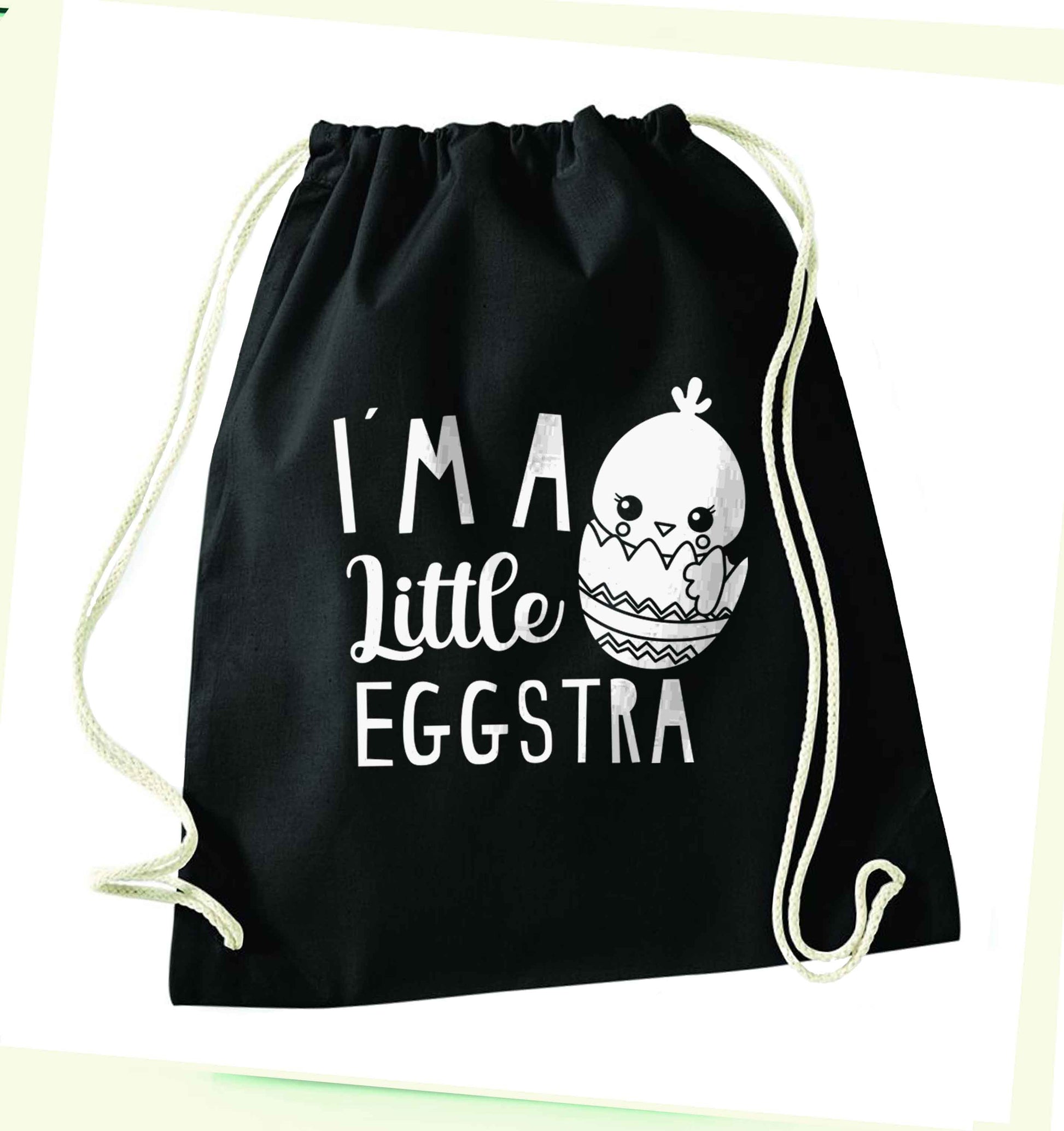 I'm a little eggstra black drawstring bag