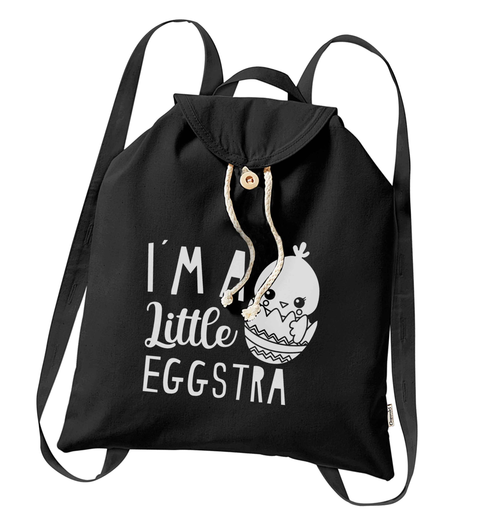 I'm a little eggstra organic cotton backpack tote with wooden buttons in black