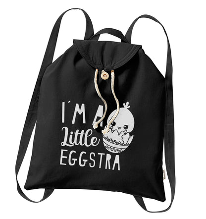 I'm a little eggstra organic cotton backpack tote with wooden buttons in black