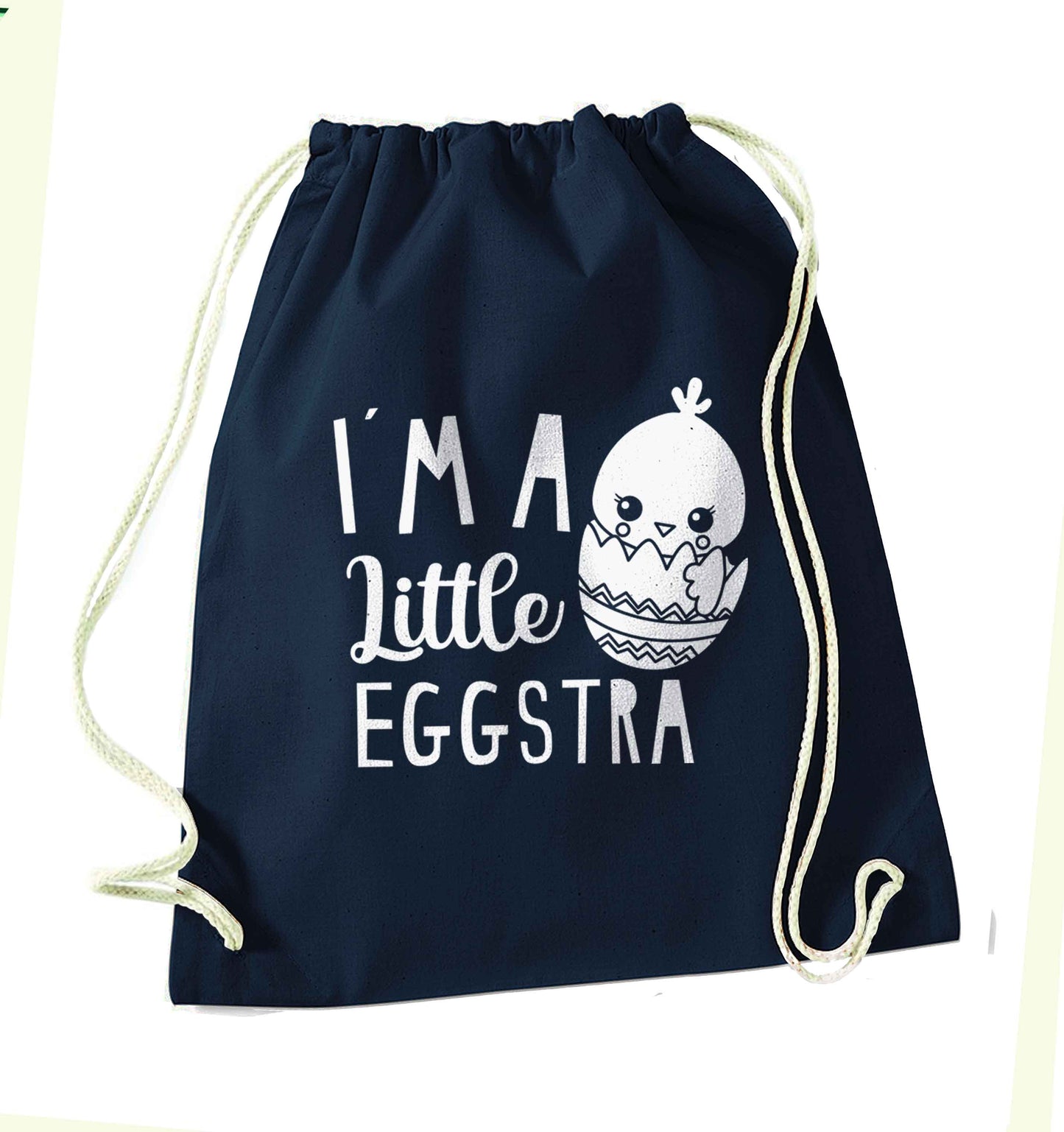 I'm a little eggstra navy drawstring bag