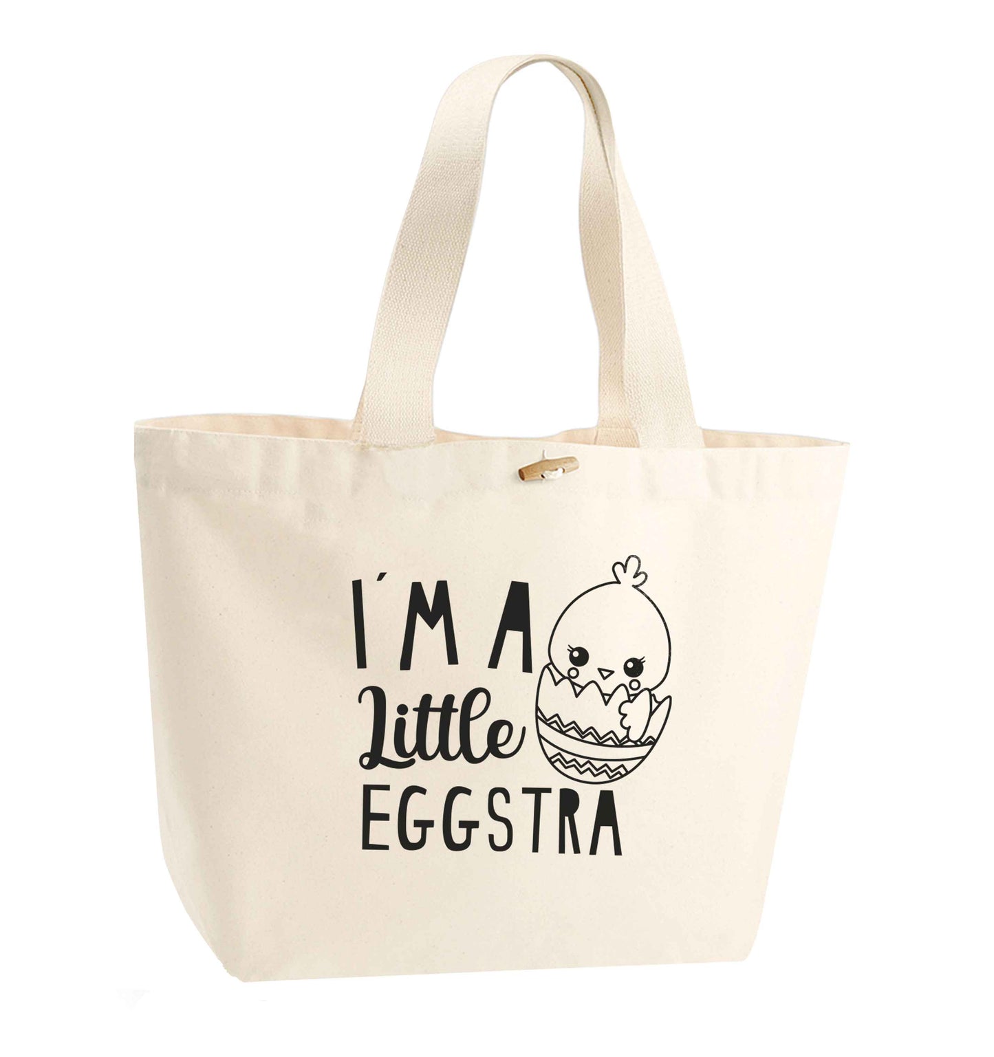 I'm a little eggstra organic cotton premium tote bag with wooden toggle in natural