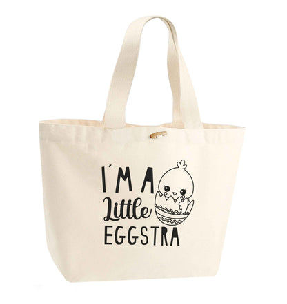 I'm a little eggstra organic cotton premium tote bag with wooden toggle in natural