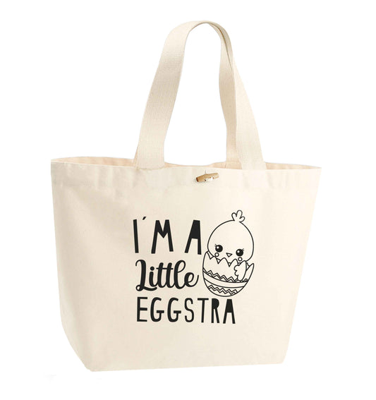 I'm a little eggstra organic cotton premium tote bag with wooden toggle in natural