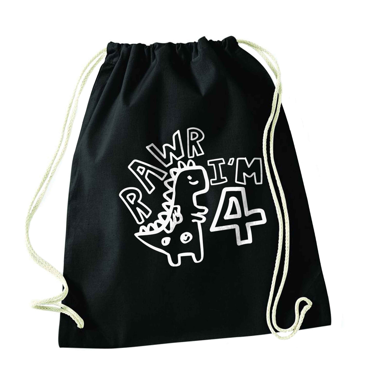 Rawr I'm four - personalise with ANY age! black drawstring bag