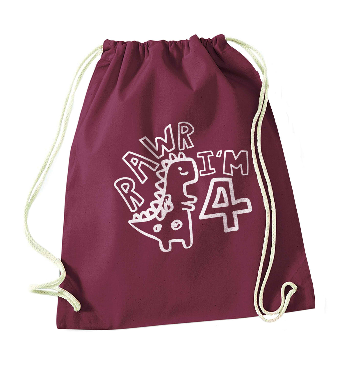 Rawr I'm four - personalise with ANY age! maroon drawstring bag