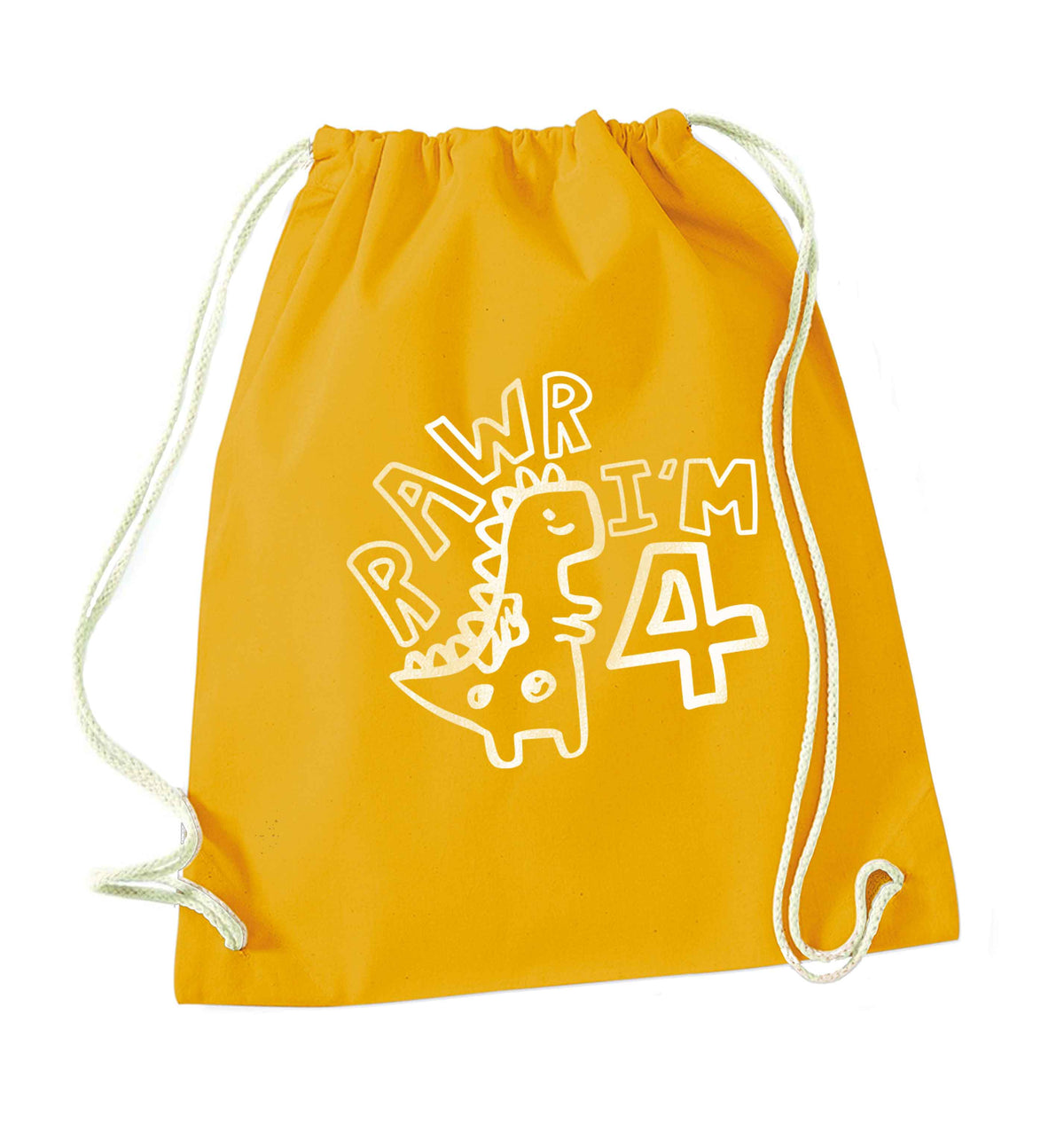Rawr I'm four - personalise with ANY age! mustard drawstring bag