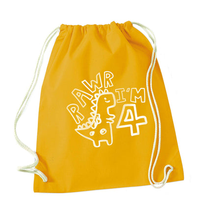 Rawr I'm four - personalise with ANY age! mustard drawstring bag