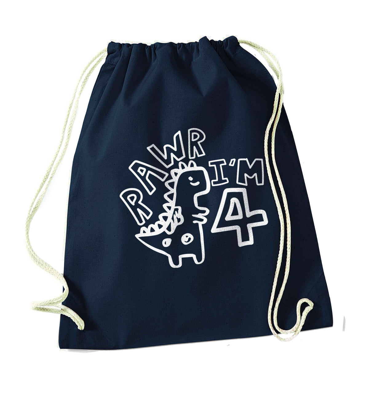 Rawr I'm four - personalise with ANY age! navy drawstring bag