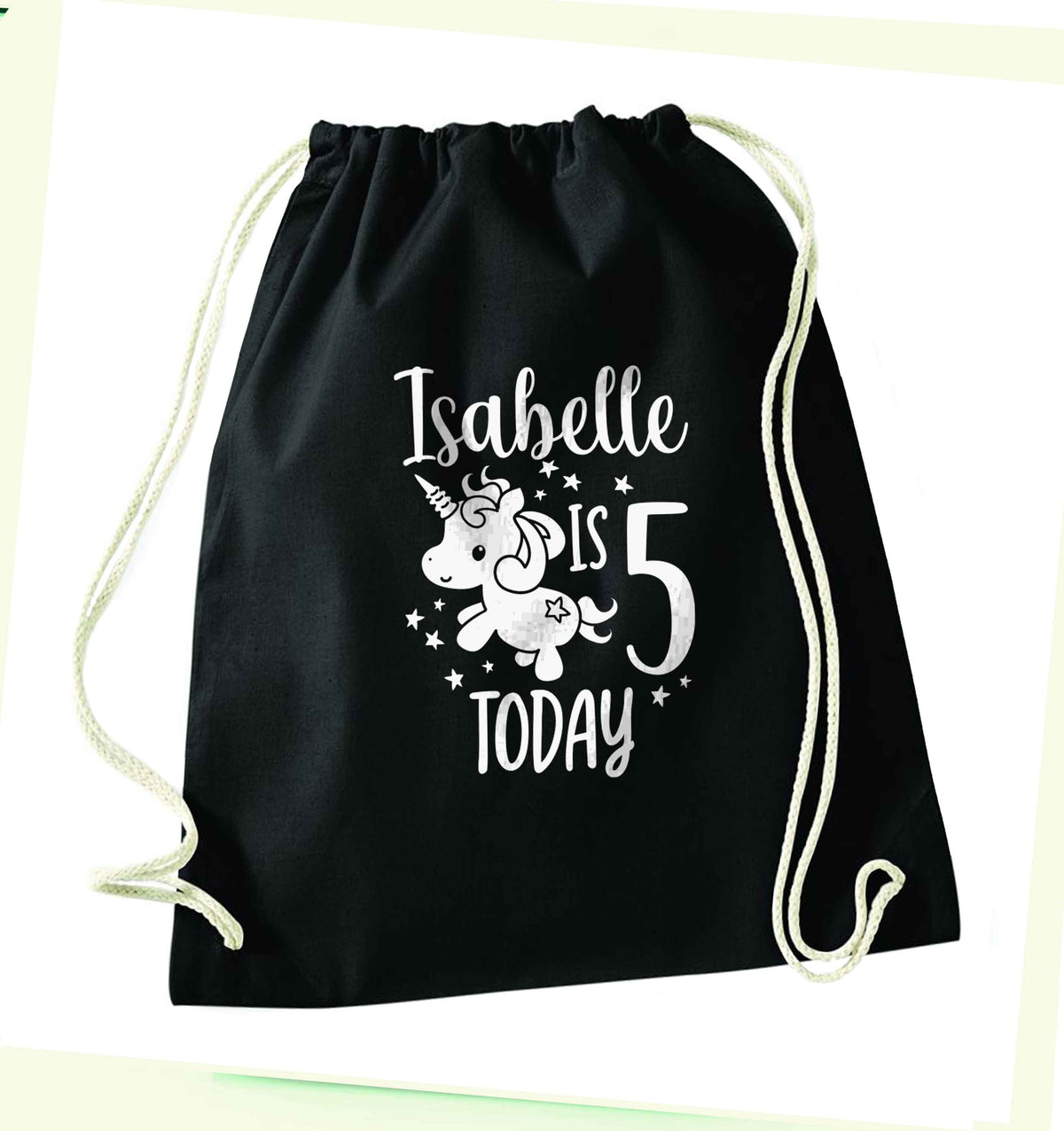 Today I am - Personalise with any name or age! Birthday unicorn black drawstring bag