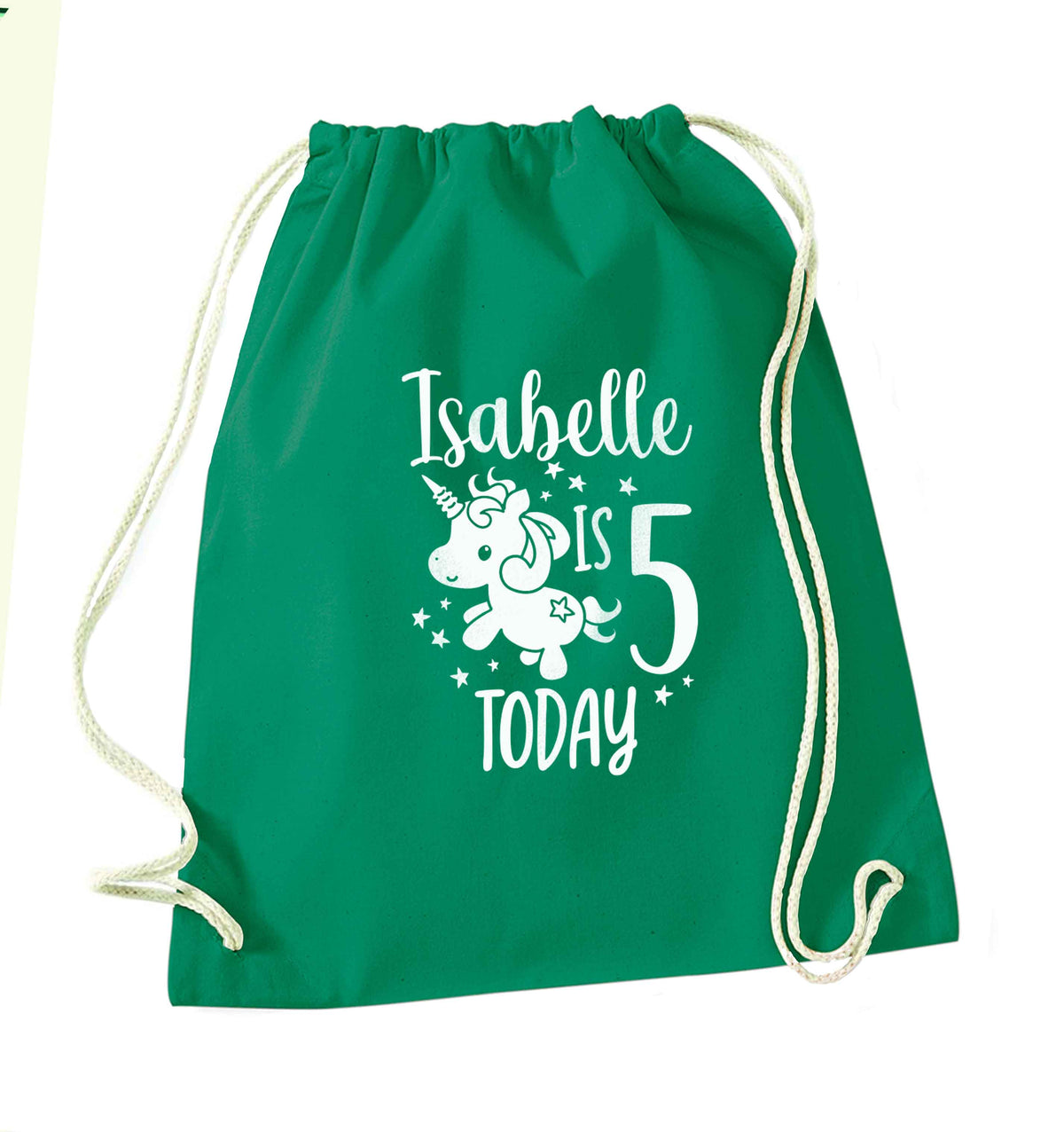 Today I am - Personalise with any name or age! Birthday unicorn green drawstring bag