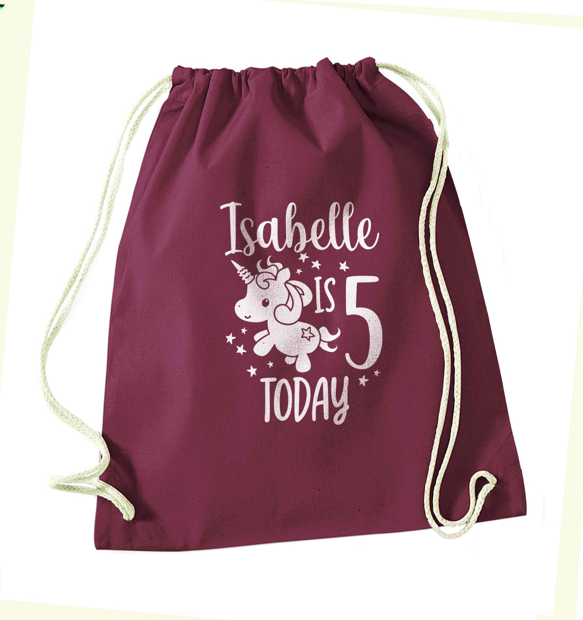 Today I am - Personalise with any name or age! Birthday unicorn maroon drawstring bag