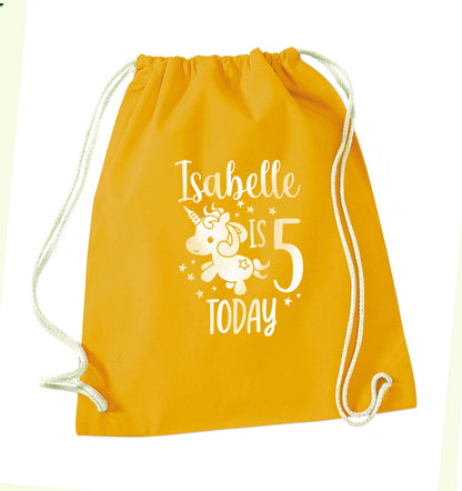 Today I am - Personalise with any name or age! Birthday unicorn mustard drawstring bag