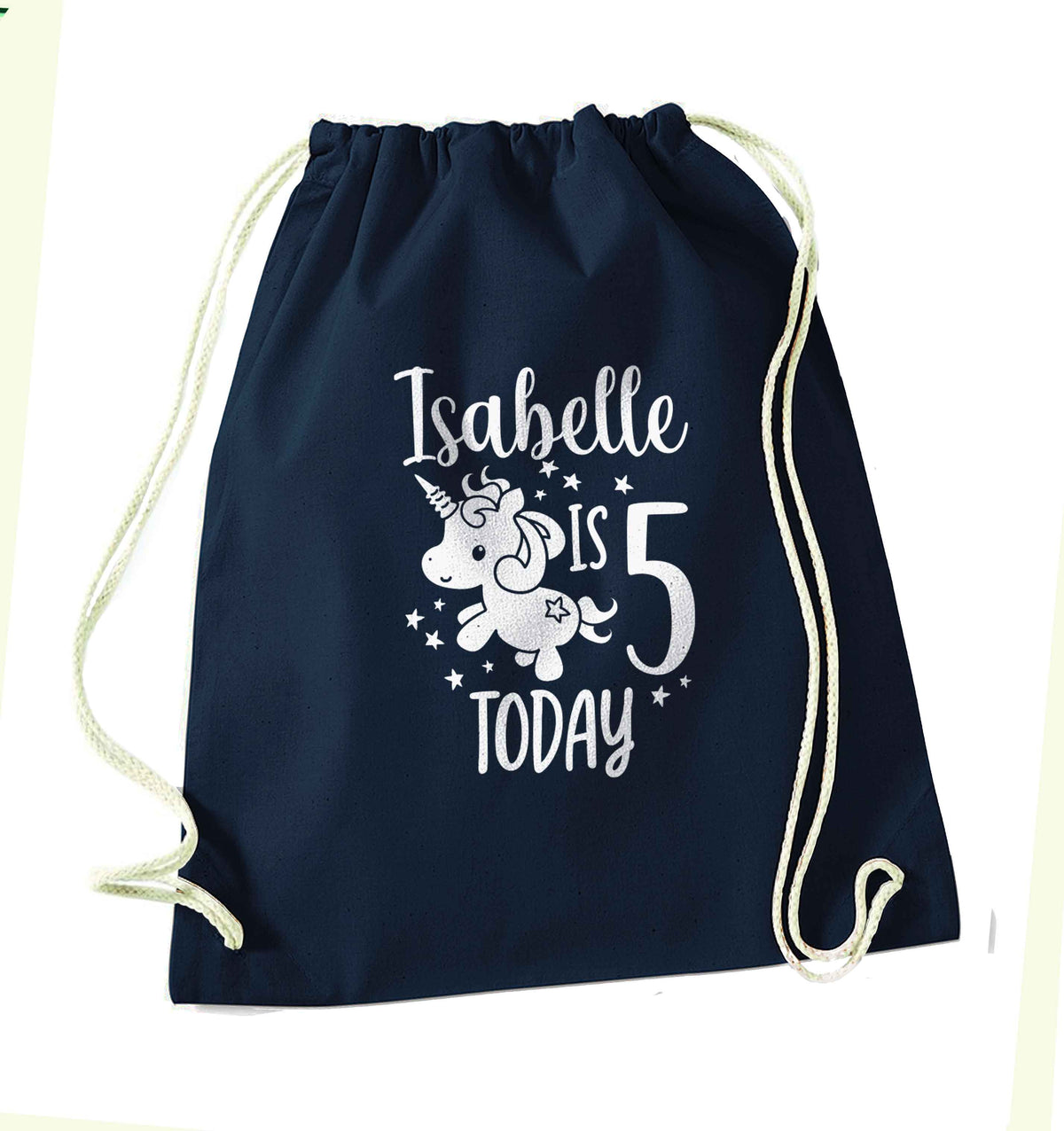 Today I am - Personalise with any name or age! Birthday unicorn navy drawstring bag