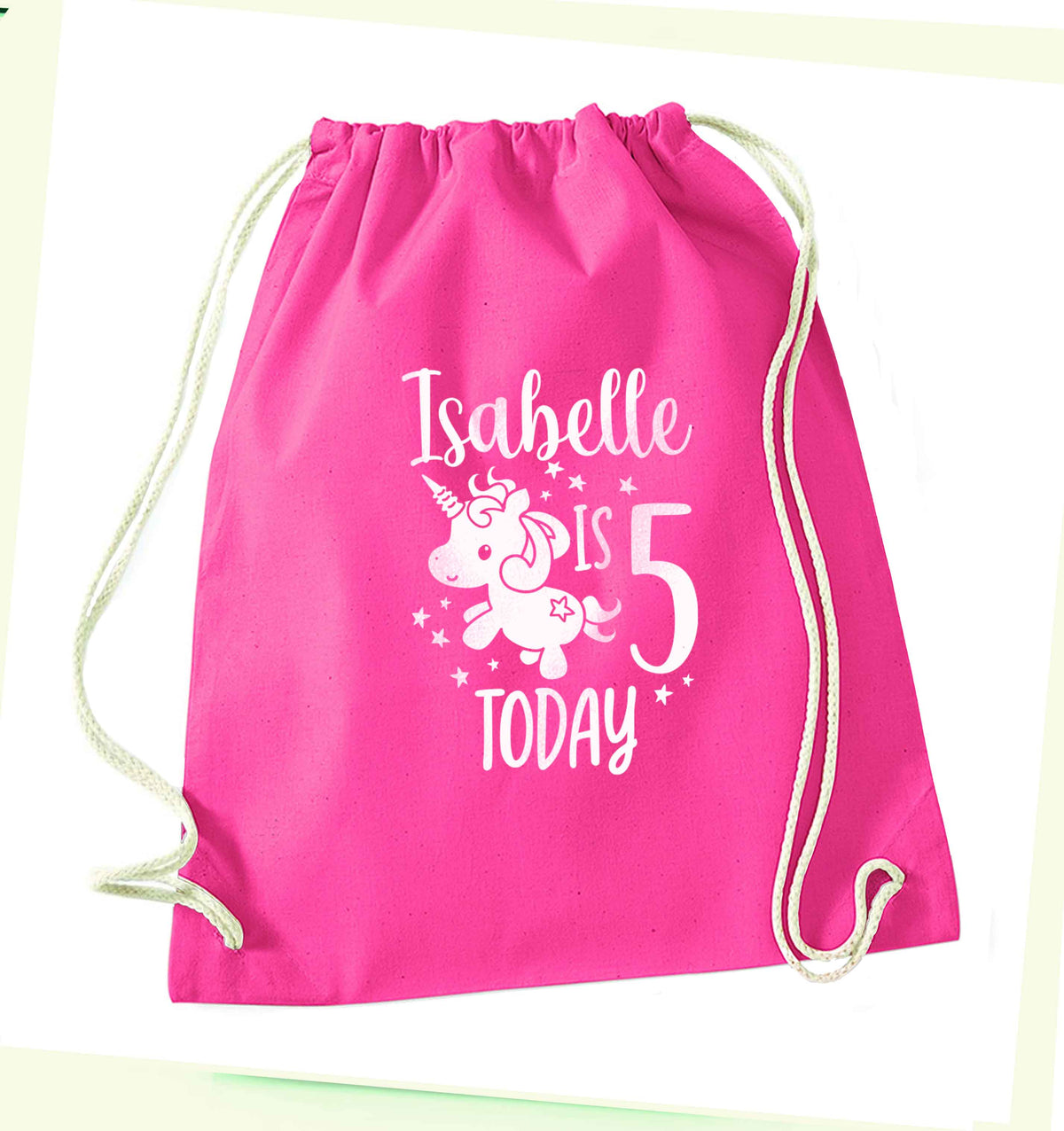 Today I am - Personalise with any name or age! Birthday unicorn pink drawstring bag