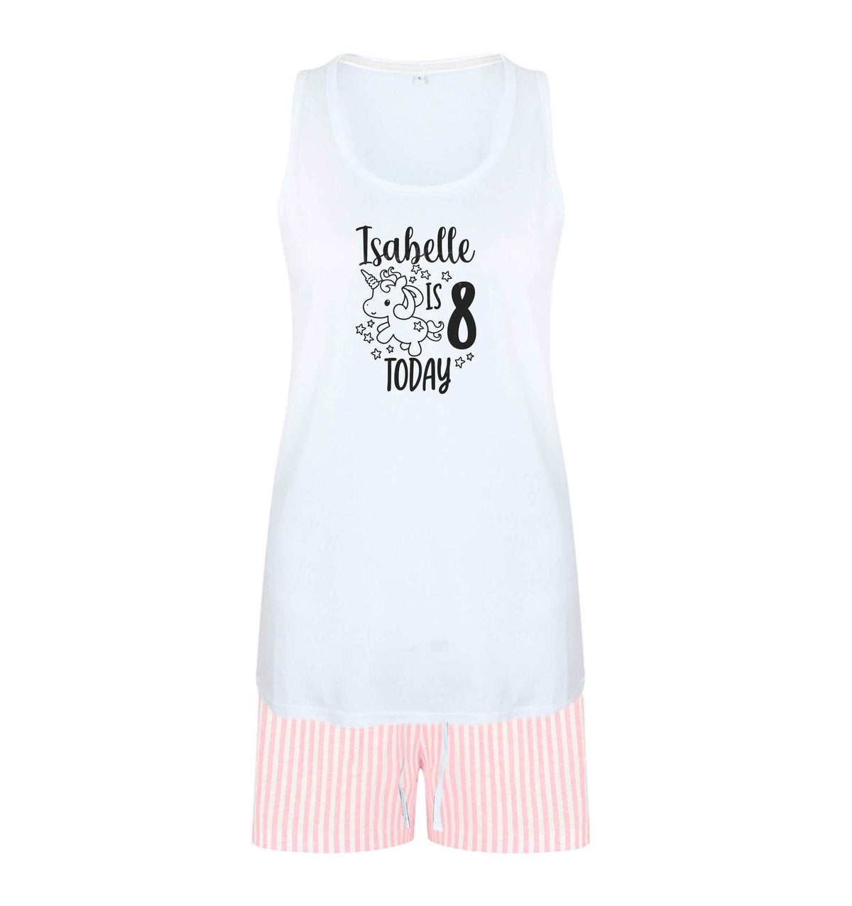 Today I am - Personalise with any name or age! Birthday unicorn size XL women's pyjama shorts set in pink 