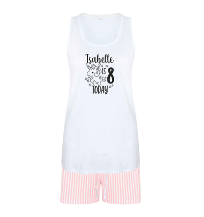 Today I am - Personalise with any name or age! Birthday unicorn size XL women's pyjama shorts set in pink 