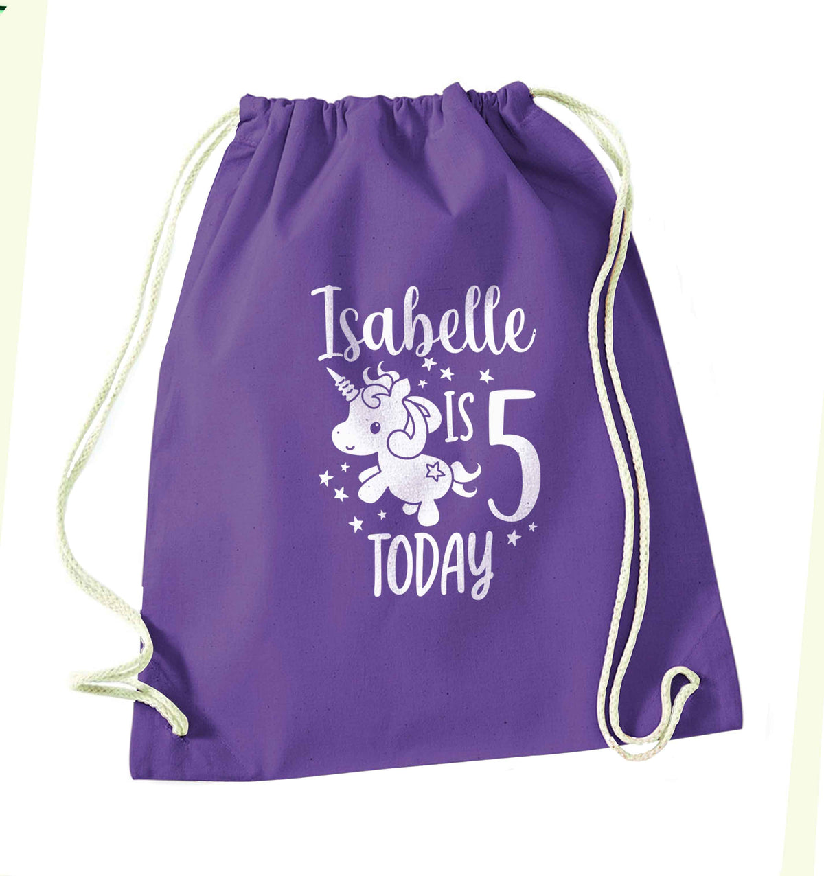 Today I am - Personalise with any name or age! Birthday unicorn purple drawstring bag