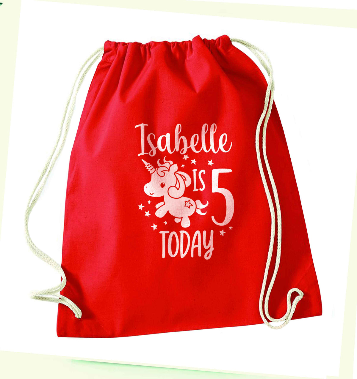 Today I am - Personalise with any name or age! Birthday unicorn red drawstring bag 